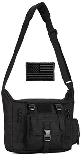 Protector Plus Tactical Messenger Bag Men Military MOLLE Sling Shoulder Pack Briefcase Assault Gear Handbags Outdoor Utility Carry Satchel Laptop Case (Patch Included), Black