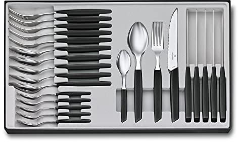 VICTORINOX Swiss Modern Besteck-Set für 6 Personen, 24-teilig, Inkl. Scharfe Steakmesser mit Wellenschliff, Kunststoffgriffe, Schwarz