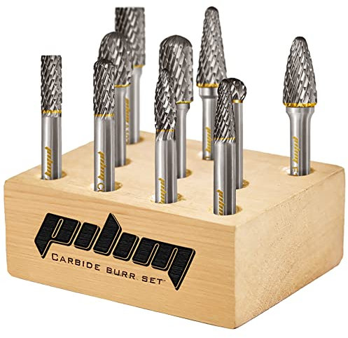 Tungsten Carbide Burr Set 1/4 Shank 10PC Double Cut Rotary Cutting Burrs Die Grinder Bits for Steel and Wood Working, Grinding, Carving, and Engraving