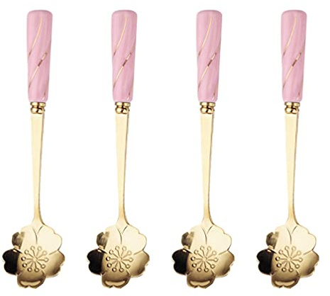DOITOOL 4pcs Stainless Steel Coffee Spoon Flower- shaped Spoons Tea Sugar Spoon Dinner Espresso Spoons for Dessert Cake Mixing Drinks Appetizer (Pink)