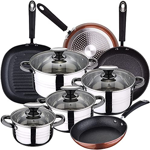 Bateria de cocina 8 piezas SAN IGNACIO Dina, acero inoxidable, con juego sartenes (20/24/28 cm) y grill 28 cm SAN IGNACIO Moma en alumino forjado