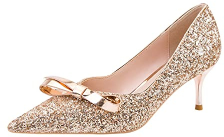 JOEupin Escarpins à talons aiguilles tendance pour femme avec paillettes scintillantes et semelle souple à enfiler - Chaussures de soirée peu profondes avec bout pointu, doré, 39 EU