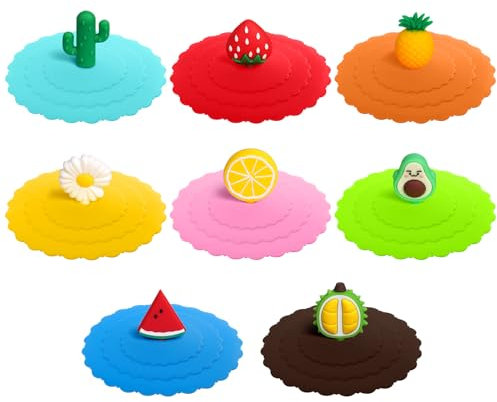 OSDUE Couvercle Tasse en Silicone, 8 Pièces Ronde Couvercles de Tasse Verre Silicone avec Poignée, Réutilisables Anti-Poussière Couvercle Tasse, pour Maison, Bureau, Camping, Tasses Café, Tasses Thé
