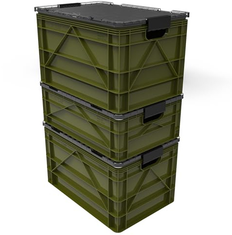SIDIO CRATE Starter Pack - Two Full Size and One Half Size SidioCrate, Stackable Outdoor Organizer Storage Bins with Clear Lid and Dividers - Green