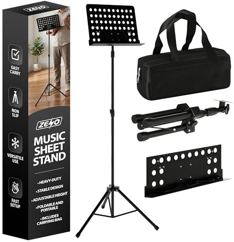 ZENO Music Sheet Stand | Music Stand | Music Stands For Sheet Music | Portable Heavy Duty Folding Music Stand | Adjustable Tripod Base + Carrying Bag | Portable Podium Stand | Black