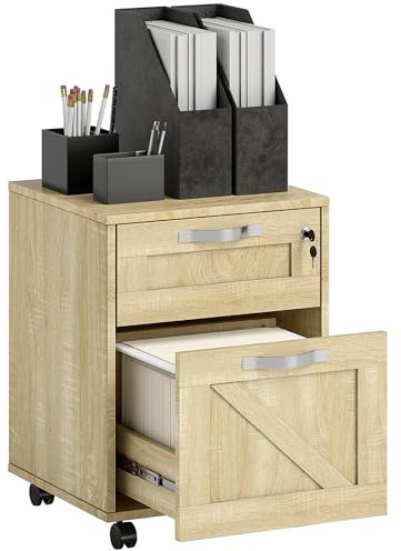 Vinsetto Cajonera de Oficina con 2 Cajones Cajonera con Ruedas Mueble Archivador Móvil con Cerradura y Carpetas Colgantes para Tamaño A4 41x42x56 cm Natural