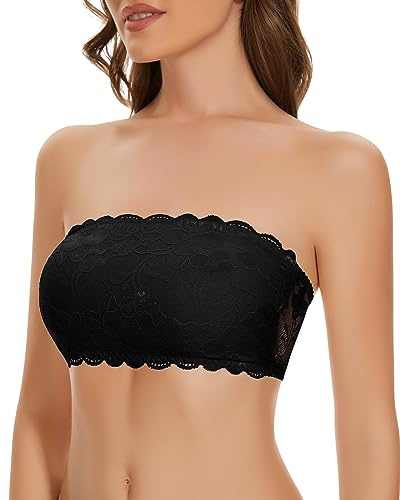 WOWENY Sujetador sin Tirantes Las Sujetador para Mujer Bandeau Top Invisible con Transparentes Relleno sin Aros Negro M