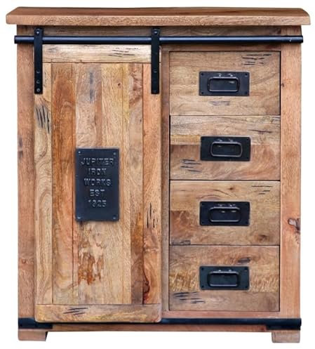 MR. DEKO Kommode Florenz aus Mango Holz | Vintage Sideboard massiv im Industrial Design | Schubladenschrank mit Schiebetür & 4 Schubladen | Highboard Kommodenschrank für Wohnzimmer Schlafzimmer