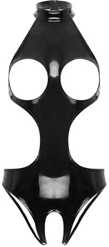 Jugaoge Women's Catsuit Wet Look PVC Leather Halter Neck Bodysuit One Piece Cutout Jumpsuit Clubwear Black Small