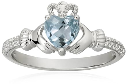 Heart Birthstone Claddagh Ring 925 Sterling Silver Elegant 6MM Aquamarine Rings Irish Jewelry Good Luck Gift for Women Size 7