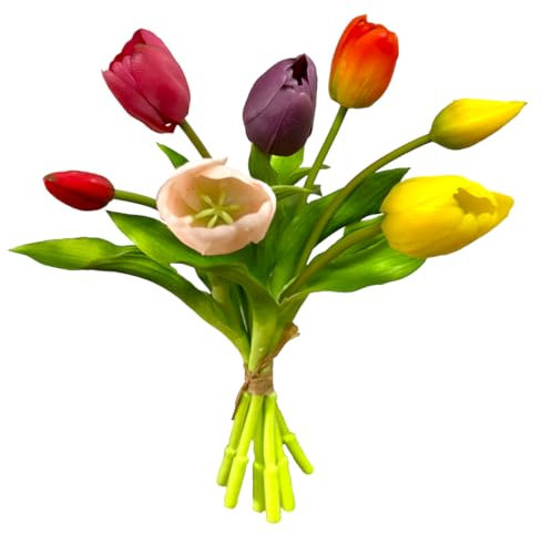 Floratexx Künstlicher Tulpenstrauß mit 7 Tulpen 30cm. BUNT. Kunstblume Künstlicher Tulpenbund Frühlingsdeko Osterdekoration