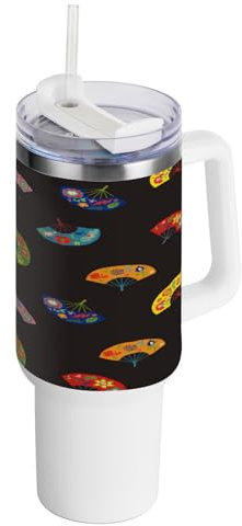 GuoChe Hand Drawn Cute Japanese Fans Insulated Tumbler with Lid and Straw Large Water Bottle Wide Mouth Camp Mug for School, Sports, Daycare, Camp & More