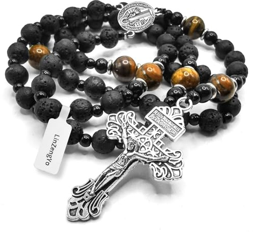 LinZengYo Volcanic stone rosary beads catholic for men,Rosary Necklace for men with medal & cross,Handmade black stone Beads St.Benedict Rosary Cross Necklace Catholic Gifts