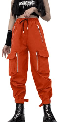 MEINVQIAOTI svarta cargobyxor för kvinnor, lösa kedjebyxor, flera fickor, multi-dragkedja, punk, gotiska byxor, Orange/kvällsröd i sicksackmönster (solnedgång Chevron), L