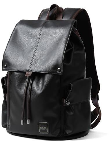 Leather Backpack for Men Fits 15.6 Laptop Vintage Backpacks Waterproof Drawstring Backpack for Travel Daily Work Black