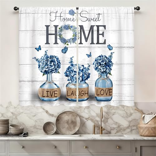 Famiffty Farmhouse Blue Hydrangea Kitchen Curtains Rusitc Country Retro Vintage Home Sweet Small Short Cafe Tier Wooden Window Drapes Decor Bathroom Curtains Rod Pocket (27.5W X 39L Inch 2 Panels)