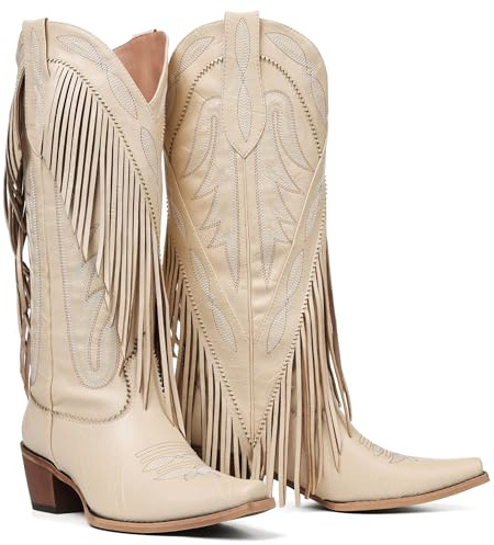 Mattiventon Cowboy Boots for Women Fringe Knee High Cowgirl Western Boots with Vintage Embroidery Pointed Toe Chunky Heel for Weddings Parties