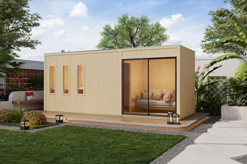 Chillroi Saunahaus Ambra, Außensauna mit 3 Liegen, 573,5 x 216,5 cm, 9kW Ofen, Vorraum mit Séparée, Schwarz oder Natur (Natur)