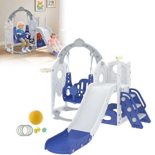 ACXIN Barnrutschkana med gunga, gömställe och basketkorg – fristående inomhus och utomhus, lekset, babyrutschkana av HDPE + PP-plast, blåvit, 141 x 154 x 119 cm, upp till 50 kg