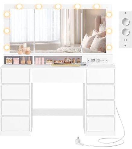VASAGLE KAILYN Collezione - Toeletta con Specchio a 3 Ante, 11 Lampadine a 3 Colori, Multipresa, 9 Cassetti, Tavolo da Trucco, Montaggio delle Guide Senza Attrezzi, Bianco Nuvola RDT146WB01