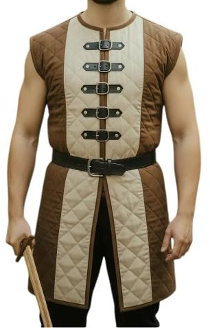 Medieval Quilted Gambeson Vest for Men – Sleeveless Padded Armor Tunic with Buckles for LARP & SCA. (M)