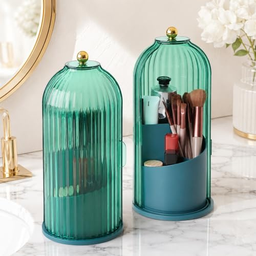 FAVORTALK Make Up Kosmetik Organizer, 360 Drehbarer Make-up-Pinselhalter, Organizer, Transparent, Staubdicht, Make-up-Pinsel-Organizer mit Deckel für Schminktisch, Badezimmer, Schlafzimmer (Grün)