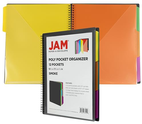 JAM PAPER Plastic Multi Pocket Folder - 12 Pocket Organizer with Zipper Pouch - Smoke Grey with Colorful Tabs - 10 1/2 x 11 1/2 - Sold Individually