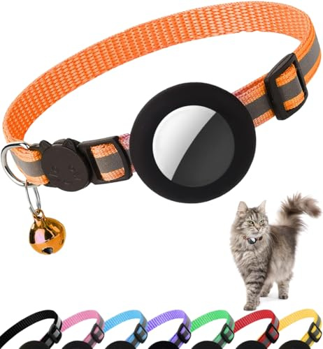 Dgerp Airtag Cat Collar Breakaway, Reflective Kitten Collar with Apple Air Tag Holder and Bell for Girl Boy Cats, 0.4 Inches in Width and Lightweight(Orange)