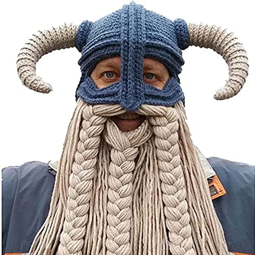 JHION Adult Long Beard Viking Knit Hat Barbarian Bull Horn Handmade Knitted Beanie Hat Warm Funny Ski Cap Funny Party hat