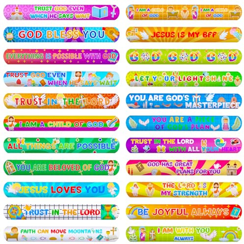 MCPINKY 64PCS Christian Slap Bracelets, Bible Verses Religious Slap Bracelets Snap Wristbands for Kids Sunday School Gifts Classroom Prizes