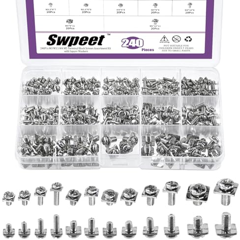 Swpeet 240 morsettiera in acciaio al carbonio M3, M3,5, M4, M5, con rondelle quadrate, kit di morsettiera in acciaio al carbonio nichelato, morsettiera viti per fili di fissaggio