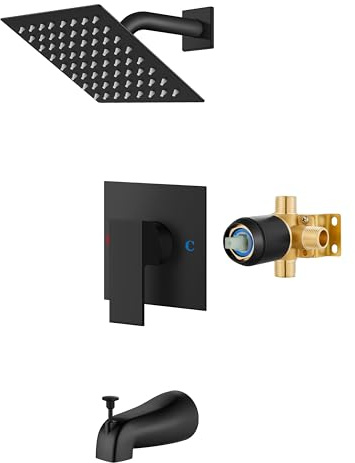 Airuida Shower Faucet Set with Tub Spout Bathtub Faucet Kit Shower Tub Faucet Set Complete Tub Shower Trim Kit with Solid Brass Rough-in Valve and Rainfall Square Showerhead,6 Inch-Matte Black