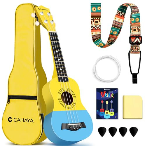 CAHAYA Sopran-Ukulele mit Gigbag für Kinder Anfänger: Linde Material Ukulele mit Geared-Machine, Gurt, Noten, Saiten, Reinigungstuch, 4 Plektren, 21 Zoll Gelb-Blau
