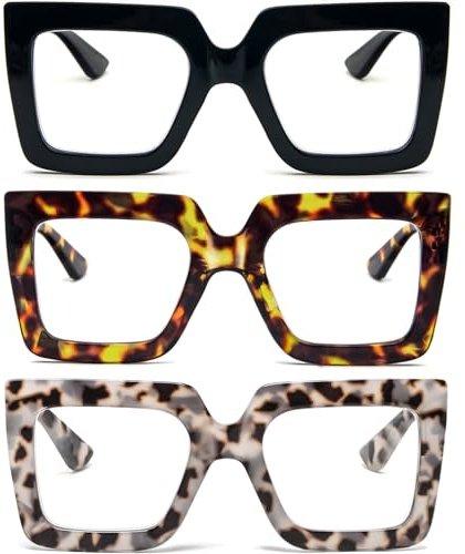 KoKoBin 3 confezioni di occhiali da lettura per donne con montatura lettori quadrati spessi ed eleganti che bloccano la luce blu occhiali (Nero/Marrone leopardo/Grigio leopardo, 3.5, Diottria)