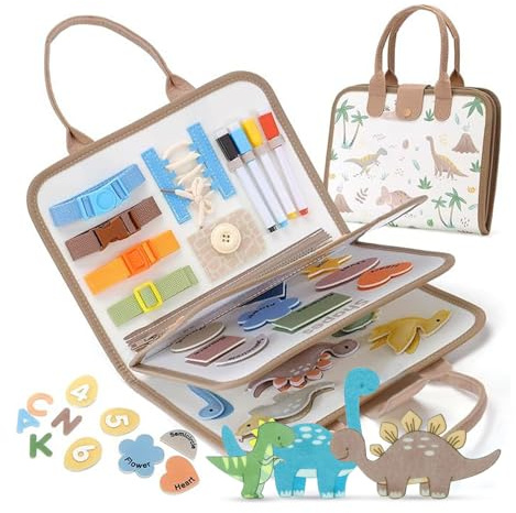 letuxaamz Busy Board, Pannello Sensoriale Bambini Montessori, Schede di attività in Feltro per 1 2 3 E 4 Anni, Educativi Prescolari Viaggiare, Auto, Aerei Altro, Khaki