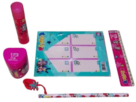 PRESTIGE & DELUXE Set d'écriture scolaire Me contre Te Rose Fuchsia Glitter - Pour enfants avec crayon, règle, colle, taille-crayon et autocollants pour personnaliser des livres