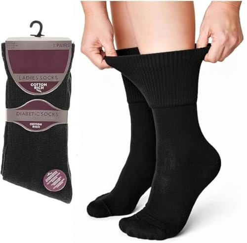 3 Pairs of Womens Extra Wide Top Loose Soft Fitting Diabetic Socks Swollen Feet Ankles Legs Ladies UK Size 4 to 8 Diabetics Black