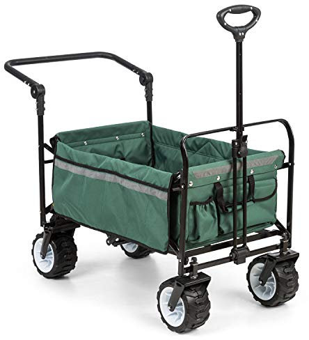 Waldbeck Easy Rider - Carretilla de Mano, Carro Carga Pesada, hasta 70 kg belastbar, Robusto y liviano con Funda de Poliester 600D, 2 Cinturones de Seguridad para niños, Plegable, Verde