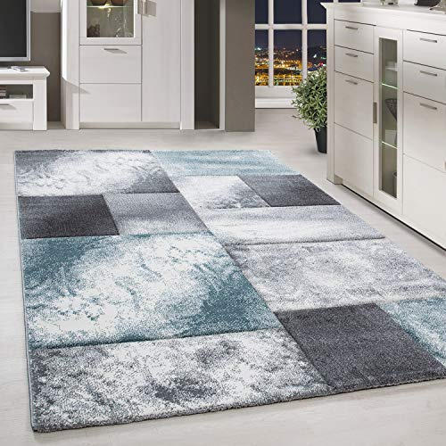 Homebyhome matta 120x170 cm kort lugg konturskuren blå grå vit rutdesign extra mjuk tvättbar för vardagsrum sovrum matsal