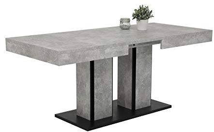 Hela Tische, Esstisch Säulentisch Rose, Holzwerkstoff meleminbeschichtet, Betonoptik,zwei Säulenfüße und Bodenplatte, ausziehbar 140-180x80cm