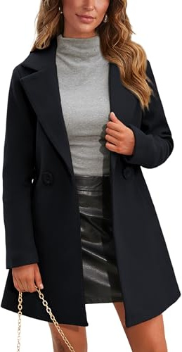 Springrain Women's Wool Pea Coat Notched Collar Double Breasted Midi Long Trench Coat Outwear (Black, L)