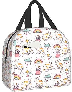 XVBCDFG Fiambrera con diseño de gato bonito, fiambrera con aislamiento Bento Box, fiambrera impermeable reutilizable con bolsillo frontal para oficina, Picni