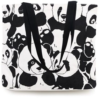 GODWOODS Cute Panda Tote Bag Aesthetic Canvas Handbags with Zipper for Women Travel Shoulder Bags Purses Panda Gifts with compartments (Panda Print)