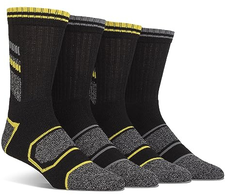 Spairs Men's Work Boot Socks, Cushioned Foot, Arch Supports, Breathable Panels, Calf Supports, Performance Yarn, Soft, Comfortable, Crew Length, Multipack of 4 Pairs, Size 7-11 Work Boot Black/Yellow