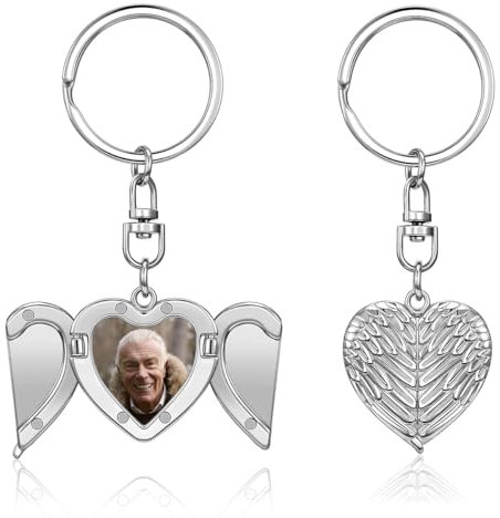 PiercingJak Porte-clés Coeur Ailes Photo Personnalisé Nom Prénom Médaillon Photo Pendentif Coeur Cadeau Personnalisable Couple Amour Amoureux Amitié Anniversaire