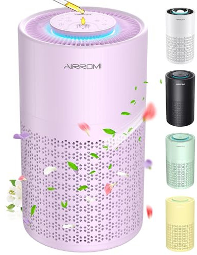 AIRROMI Air Purifier for Bedroom with HEPA 3-in-1 Filter, Pet Air Purifier for Home Cat Pee Smell, Covers Upto 990 Ft², Quiet 360°intake Air Cleaner for Pet Hair,Allergies,Pollen,Smoke A2001 Purple