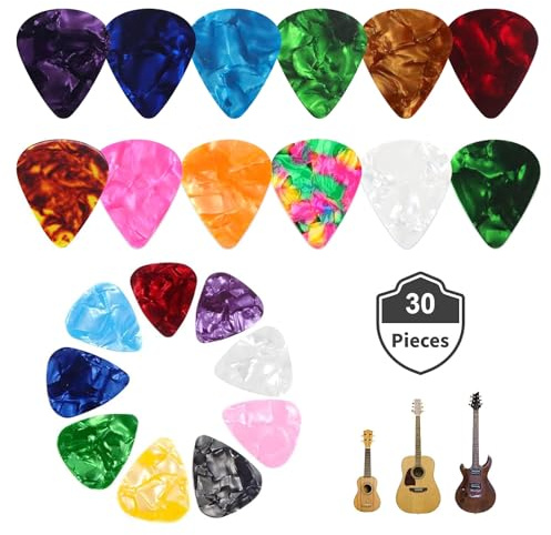 Kafeiya 30 Pièces Médiators pour Guitare,Médiators en Celluloïd de Couleurs Assorties(3 Épaisseurs Différentes,0,46/0,71/0,96mm) pour Guitare Acoustique,Guitare Electrique,Ukulélé,Basse