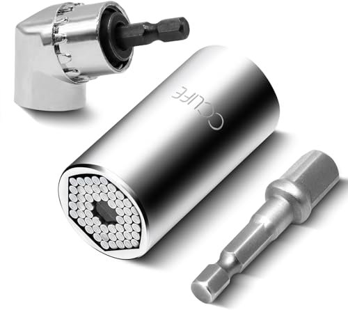 CCLIFE 3tlg Universal Steckschlüssel 7-19mm Universal Nuss 105° Winkelschrauber Vorsatz Adapter 3/8 Socket Adapter