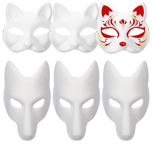 SMELEYOU Therianmask 3 st kattmasker att dekorera och 3 st rävmask gör-det-själv målningsbar tom vit mask therian med gummiband vit djurmask för barn maskerad fest cosplay halloween