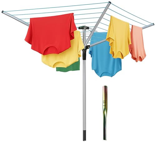 UR CHOICE Rotary Washing Line, 4 Arm Heavy Duty Rotary Airer, 60M Outdoor Whirligig Clothes Dryer, Weatherproof, Space Saving & Adjustable Height with Ground Spike for Garden & Laundry Drying